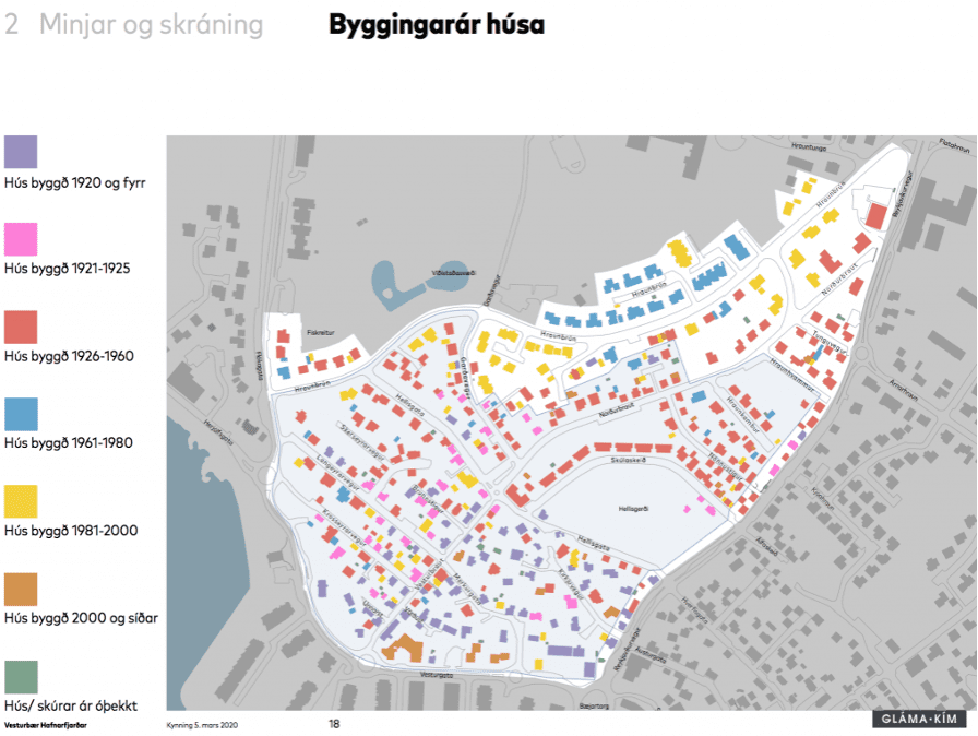 Kort sem sýnir byggingarár allra húsa í Vesturbæ