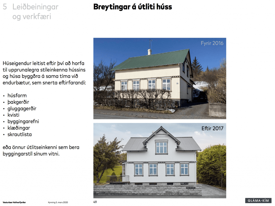 Mynd af húsi þar sem útliti hefur verið breytt í stíl við upprunaleg stíleinkenni hússins